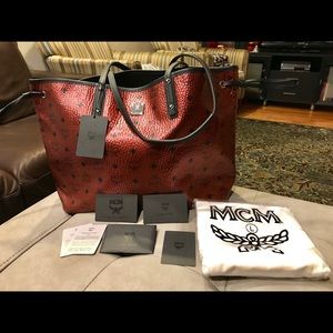 MCM Red Metallic Scooter Shopper Tote